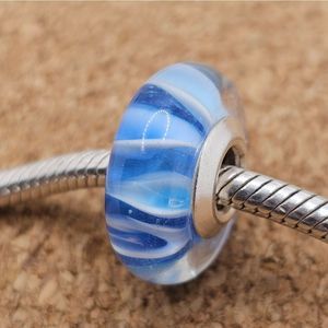 3/$30 🖤 WHITE FLOWERS BLUE MURANO GLASS 925 STERLING SILVER CHARM FOR PANDORA